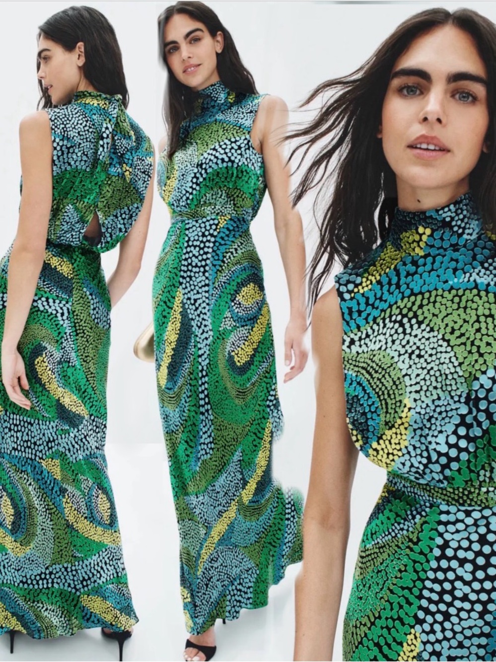 SALONI Fleur Dot Print Dress Sleeveless High-Neck Green Patterned Maxi US 12 - Picture 1 of 17